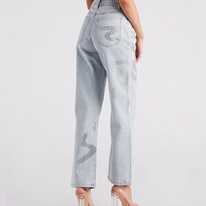 LANE 201 L Blinged out rhinestone straight leg woman light wash denim jean 90's